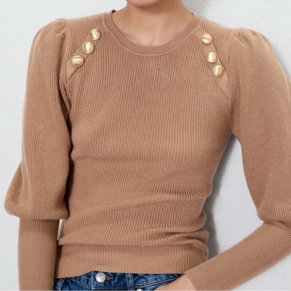 Zara Tan Sweater with Gold Button Accents
